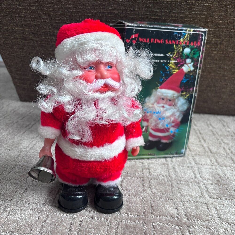 Vintage Walking Santa Claus B/O Musical Toy Bell Ringing Box 60s 70s Not Tested